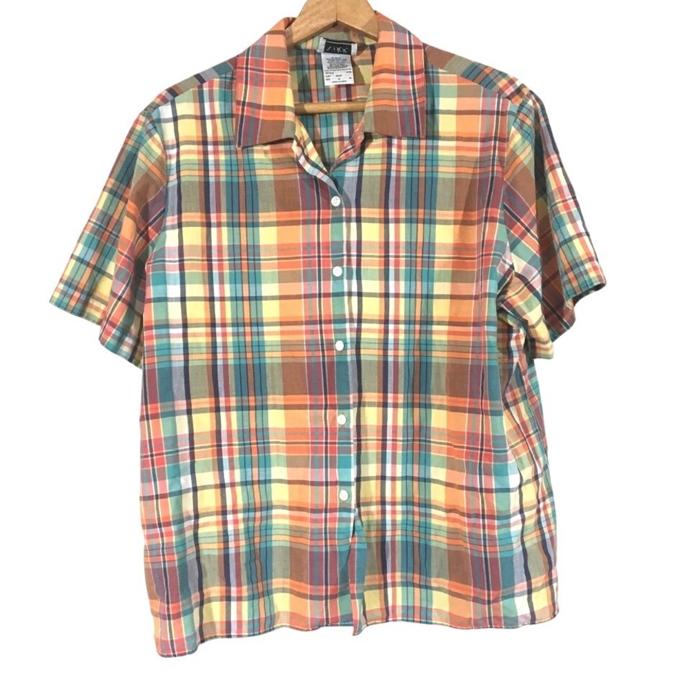 Nikki Plaid Short Sleeve Button Up Shirt Womans Plus Size 18 Orange Green Yellow